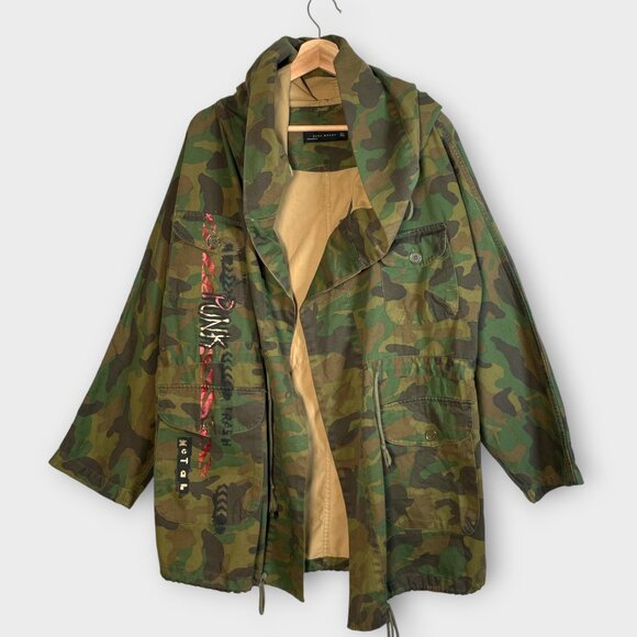 Zara Oversized Camo Jacket SMALL Cinch Tie Waist Punk Grunge Streetwear - Picture 3 of 11